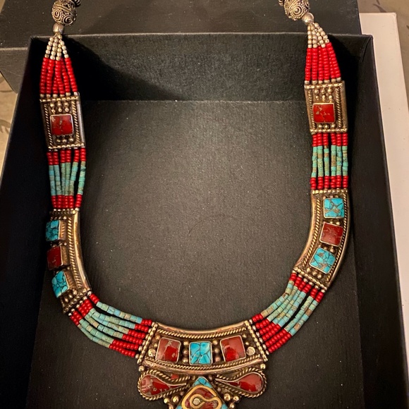NEPAL JEWELRY 925 SILVER PLATED TIBETAN CORAL TURQUOISE NECKLACE - Picture 8 of 8